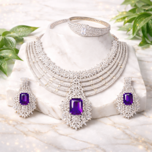 Royal Purple Stone Necklace • Majestic Purple Drop Earrings • Elegant Crystal Shine Bracelet