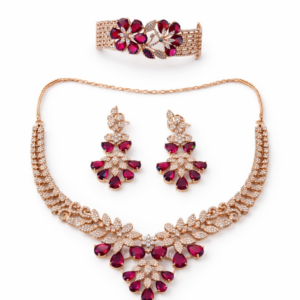 Ruby Floral Sparkle Necklace • Ruby Bloom Drop Earrings • Ruby Flower Statement Bracelet