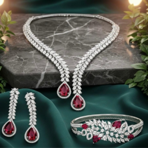 Ruby Drop Crystal Necklace • Ruby Shine Drop Earrings • Ruby Elegance Bracelet