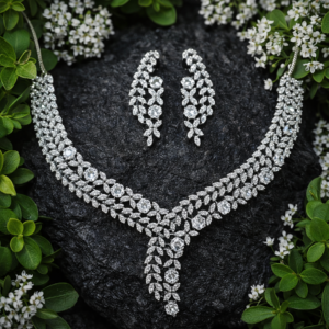 Sparkle Crystal V-Neck Necklace • Elegant Drop Crystal Earrings •