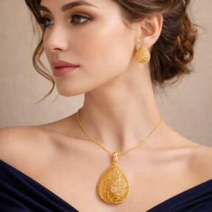 Exquisite Filigree Teardrop Gold-Plated Pendant Set