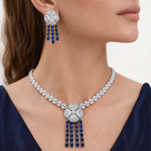 Royal Sapphire Diamond Tassel Necklace & Earrings Set