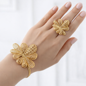 Golden Floral Filigree Bracelet & Ring Combo Set