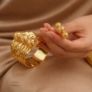 Gold Textured Cuff Bracelet & Beaded Cluster Ring Combo Set