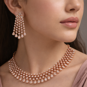 Elegant Rose Gold Marquise-Drop Choker & Chandelier Earring Set