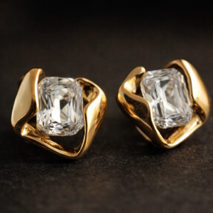Modern Sculptural Gold & Emerald-Cut Crystal Studs