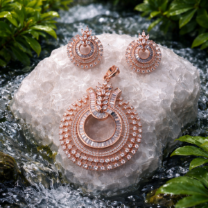 Rose Gold Circular Halo Pendant & Matching Stud Earrings Set