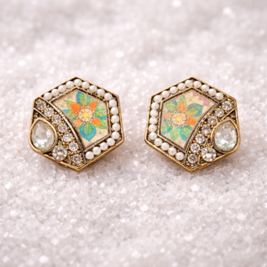 Vintage Floral Hexagon Crystal Stud Earrings