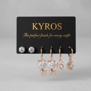 Rose Gold Cat & Moon Charm Hoop Earrings Set