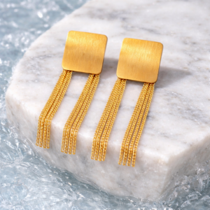 Gold Square Tassel Drop Earrings