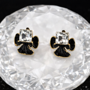 Black Enamel Bow Crystal Stud Earrings